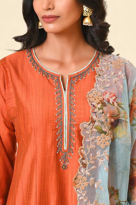 Shop_NUHH_Orange Organza, Art Silk Notched Straight Kurta Set With Printed Dupatta _Online_at_Aza_Fashions