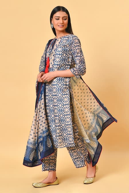 Buy_Nuhh_Blue Chanderi, Lining Cotton Round Printed Kurta Set _Online_at_Aza_Fashions