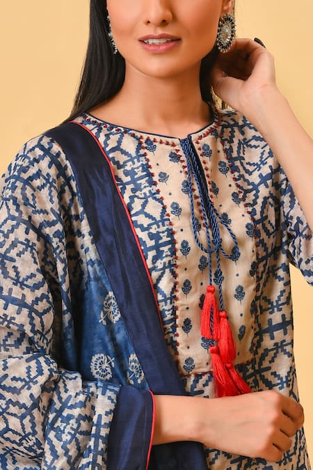 Shop_Nuhh_Blue Chanderi, Lining Cotton Round Printed Kurta Set _Online_at_Aza_Fashions