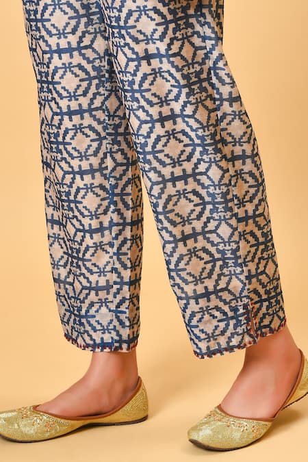 Nuhh_Blue Chanderi, Lining Cotton Round Printed Kurta Set _at_Aza_Fashions