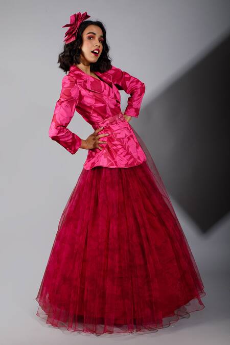 Buy_Show Shaa_Pink Net, Blazer  Skirt Lapel Collar Panelled Flared Gown _Online_at_Aza_Fashions