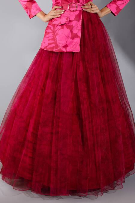 Shop_Show Shaa_Pink Net, Blazer  Skirt Lapel Collar Panelled Flared Gown _Online_at_Aza_Fashions