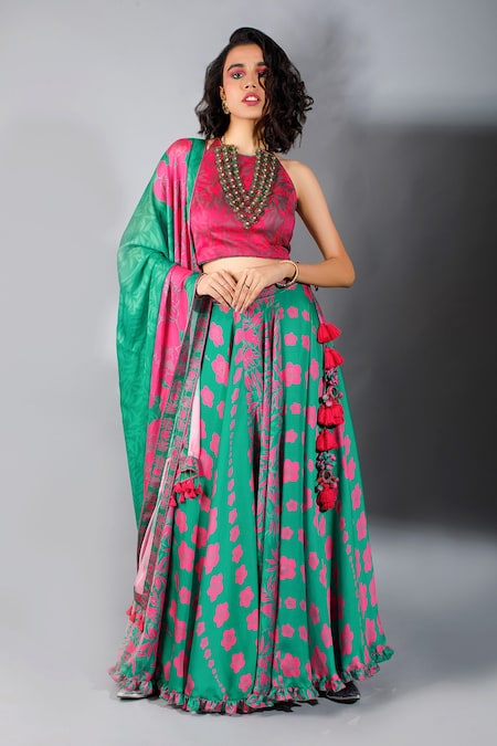 Show Shaa Green Silk Embroidery Halter Printed Lehenga Set 