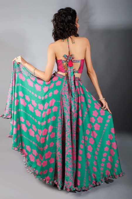 Shop Show Shaa Green Silk, Pleated Satin Halter Printed Lehenga Set at Aza Fashions Shop_Show Shaa_Green Silk, Pleated Satin Halter Printed Lehenga Set _at_Aza_Fashions