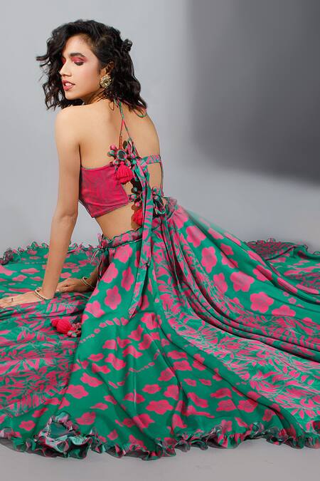 Buy Show Shaa Green Silk, Pleated Satin Halter Printed Lehenga Set Online at Aza Fashions Buy_Show Shaa_Green Silk, Pleated Satin Halter Printed Lehenga Set _Online_at_Aza_Fashions