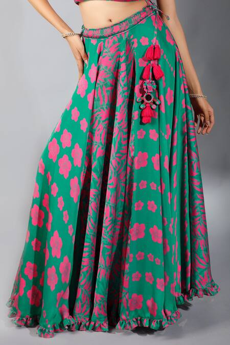 Shop Show Shaa Green Silk, Pleated Satin Halter Printed Lehenga Set Online at Aza Fashions Shop_Show Shaa_Green Silk, Pleated Satin Halter Printed Lehenga Set _Online_at_Aza_Fashions