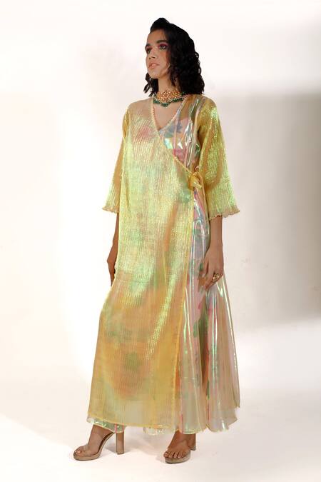Show Shaa_Gold Iridescent Organza, Luxurious Silk Dress V-neck Slip Sweetheart Set_Online_at_Aza_Fashions