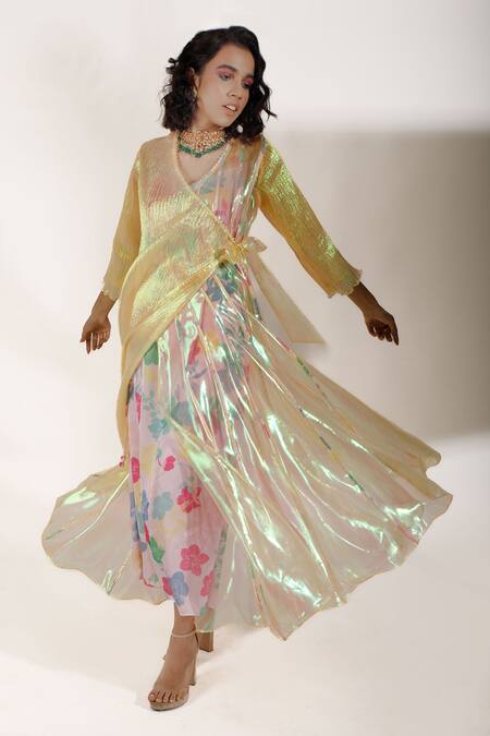Buy_Show Shaa_Gold Iridescent Organza, Luxurious Silk Dress V-neck Slip Sweetheart Set_Online_at_Aza_Fashions