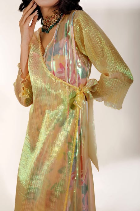 Shop_Show Shaa_Gold Iridescent Organza, Luxurious Silk Dress V-neck Slip Sweetheart Set_Online_at_Aza_Fashions