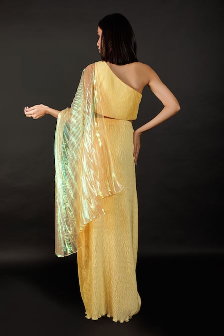 Shop Show Shaa Yellow Organza, Pleated Satin One Shoulder Pre-draped Saree With Blouse at Aza Fashions Shop_Show Shaa_Yellow Organza, Pleated Satin One Shoulder Pre-draped Saree With Blouse _at_Aza_Fashions