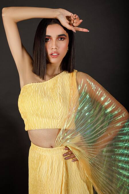 Shop Show Shaa Yellow Organza, Pleated Satin One Shoulder Pre-draped Saree With Blouse Online at Aza Fashions Shop_Show Shaa_Yellow Organza, Pleated Satin One Shoulder Pre-draped Saree With Blouse _Online_at_Aza_Fashions