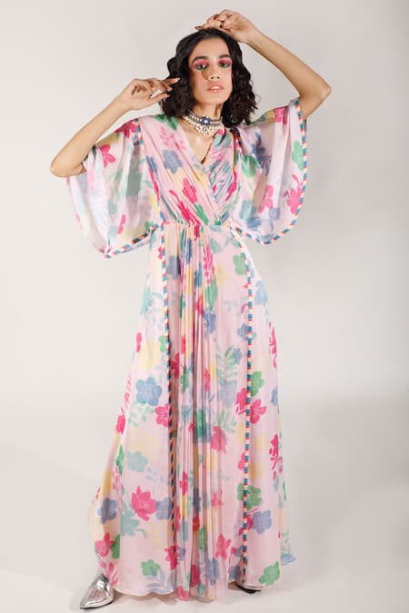 Buy_Show Shaa_Peach Georgette V Neck Floral Print Dress_Online_at_Aza_Fashions