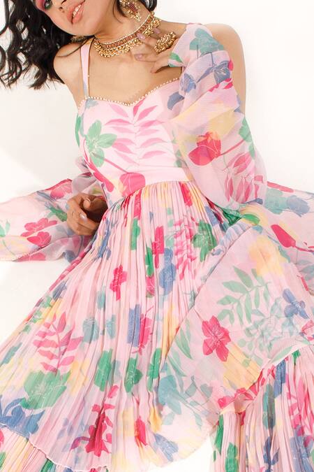 Show Shaa_Peach Georgette Kurta Sweetheart Neck Jacket Open Printed And Gharara Set _Online_at_Aza_Fashions