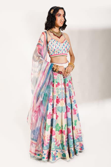 Show Shaa_Multi Color Silk, Organza Sweetheart Neck Printed Lehenga Set _Online_at_Aza_Fashions