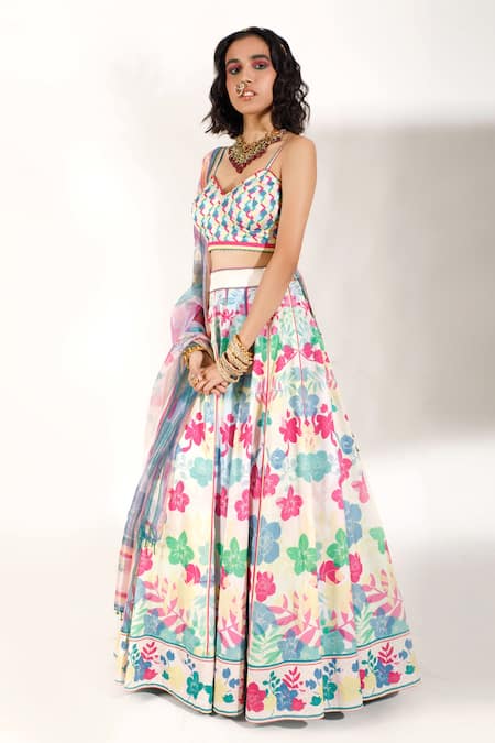 Buy_Show Shaa_Multi Color Silk, Organza Sweetheart Neck Printed Lehenga Set _Online_at_Aza_Fashions