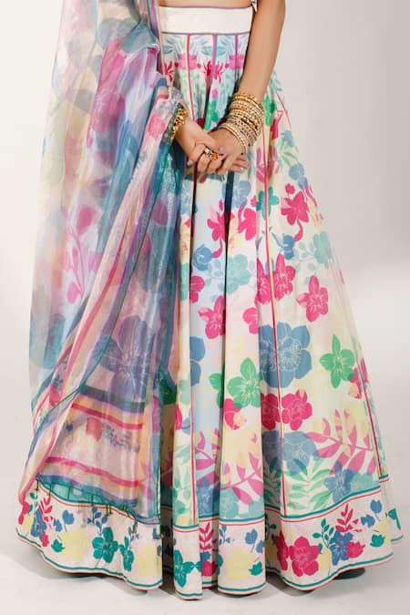 Shop_Show Shaa_Multi Color Silk, Organza Sweetheart Neck Printed Lehenga Set _Online_at_Aza_Fashions