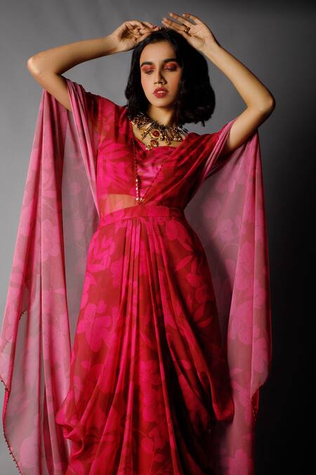 Buy Show Shaa Pink Silk, Georgette Dress V-neck Bustier Sweetheart Printed Draped Online at Aza Fashions Buy_Show Shaa_Pink Silk, Georgette Dress V-neck Bustier Sweetheart Printed Draped _Online_at_Aza_Fashions