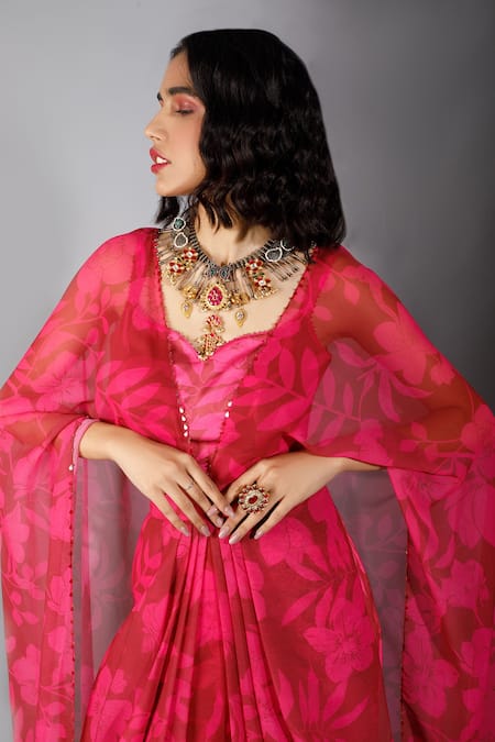 Shop Show Shaa Pink Silk, Georgette Dress V-neck Bustier Sweetheart Printed Draped Online at Aza Fashions Shop_Show Shaa_Pink Silk, Georgette Dress V-neck Bustier Sweetheart Printed Draped _Online_at_Aza_Fashions