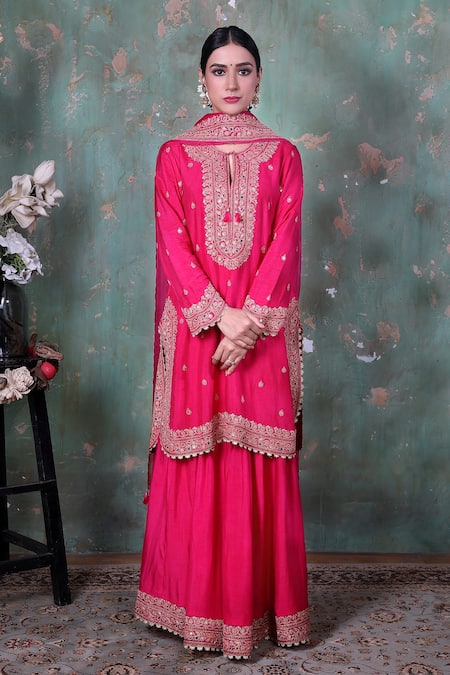 Label Niti Bothra_Pink Base Fabric Silk Round Floral Motif Kurta Sharara Set _Online_at_Aza_Fashions