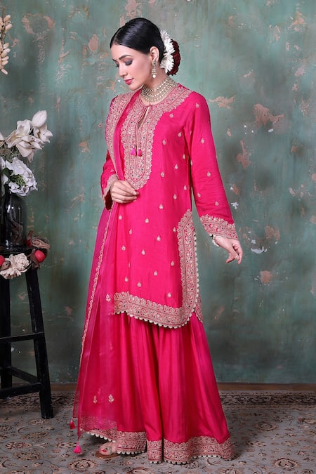Buy_Label Niti Bothra_Pink Base Fabric Silk Round Floral Motif Kurta Sharara Set _Online_at_Aza_Fashions