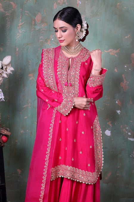 Shop_Label Niti Bothra_Pink Base Fabric Silk Round Floral Motif Kurta Sharara Set _Online_at_Aza_Fashions
