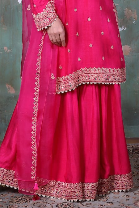 Label Niti Bothra_Pink Base Fabric Silk Round Floral Motif Kurta Sharara Set _at_Aza_Fashions
