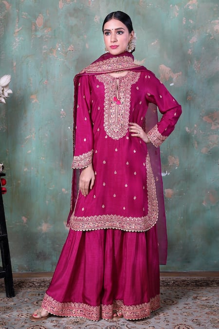 Buy Purple Base Fabric Silk Embroidery Round Marodi Kurta Sharara Set ...