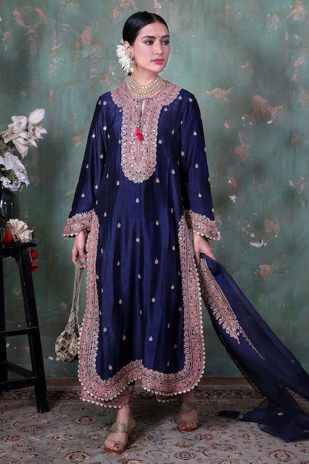 Buy Blue Base Fabric Silk Embroidery Round Marodi Kurta Palazzo Set For ...