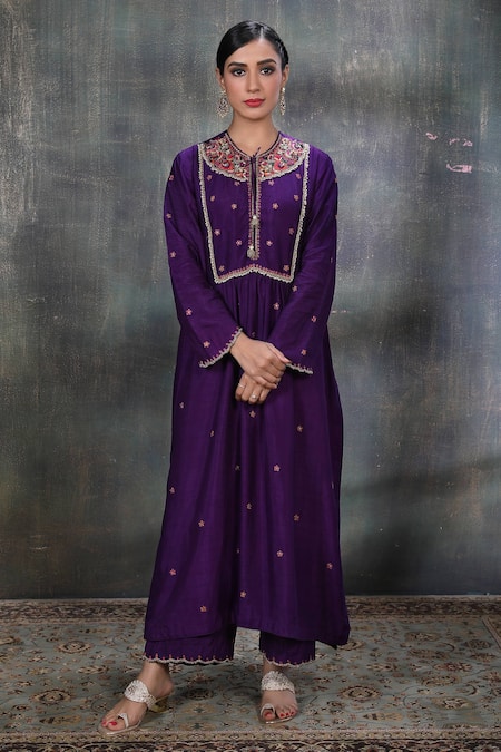 Label Niti Bothra Purple Base Fabric Silk Round Floral Motif Kurta And Palazzo Set 