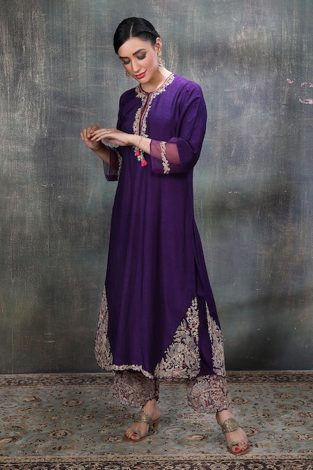 Shop Label Niti Bothra Purple Base Fabric Silk Round Leaf Jaal Kurta And Farshi Pant Set at Aza Fashions Shop_Label Niti Bothra_Purple Base Fabric Silk Round Leaf Jaal Kurta And Farshi Pant Set _at_Aza_Fashions