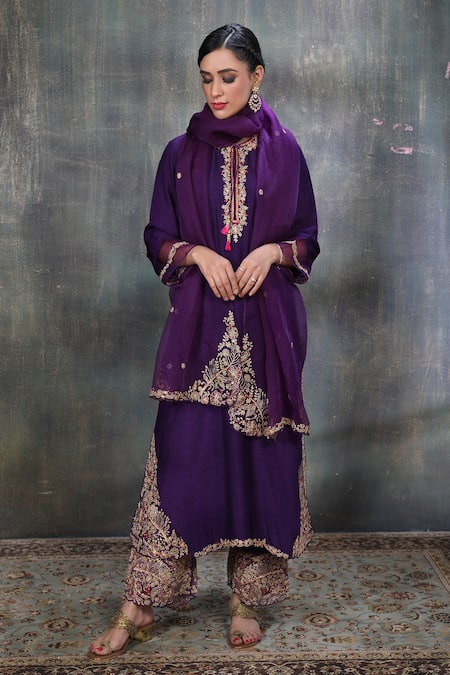 Label Niti Bothra Purple Base Fabric Silk Round Leaf Jaal Kurta And Farshi Pant Set Online at Aza Fashions Label Niti Bothra_Purple Base Fabric Silk Round Leaf Jaal Kurta And Farshi Pant Set _Online_at_Aza_Fashions