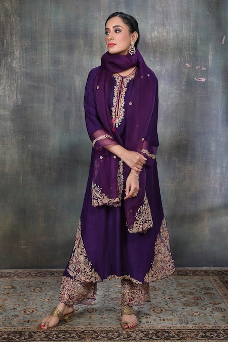 Buy Label Niti Bothra Purple Base Fabric Silk Round Leaf Jaal Kurta And Farshi Pant Set Online at Aza Fashions Buy_Label Niti Bothra_Purple Base Fabric Silk Round Leaf Jaal Kurta And Farshi Pant Set _Online_at_Aza_Fashions