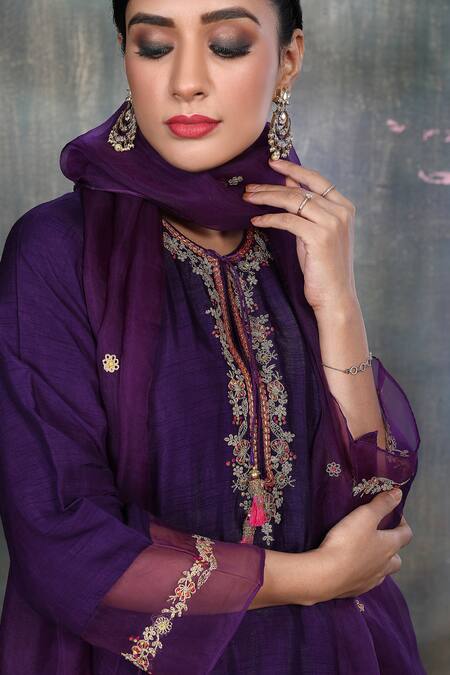 Shop Label Niti Bothra Purple Base Fabric Silk Round Leaf Jaal Kurta And Farshi Pant Set Online at Aza Fashions Shop_Label Niti Bothra_Purple Base Fabric Silk Round Leaf Jaal Kurta And Farshi Pant Set _Online_at_Aza_Fashions