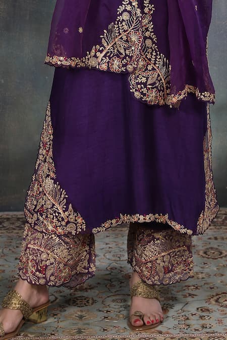 Label Niti Bothra Purple Base Fabric Silk Round Leaf Jaal Kurta And Farshi Pant Set at Aza Fashions Label Niti Bothra_Purple Base Fabric Silk Round Leaf Jaal Kurta And Farshi Pant Set _at_Aza_Fashions