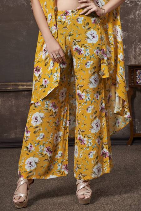 Namrata Lakhotia Yellow Crepe Embroidery Cape Open Blouse Printed And Palazzo Set Online at Aza Fashions Namrata Lakhotia_Yellow Crepe Embroidery Cape Open Blouse Printed And Palazzo Set _Online_at_Aza_Fashions