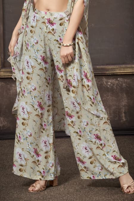 Namrata Lakhotia Beige Crepe Embroidery Cape Open Blouse Printed And Palazzo Set Online at Aza Fashions Namrata Lakhotia_Beige Crepe Embroidery Cape Open Blouse Printed And Palazzo Set _Online_at_Aza_Fashions