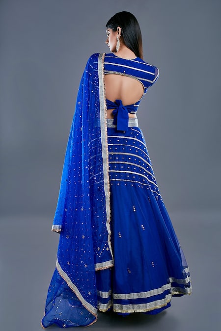 Shop_Divya Kanakia_Blue Organza V Neck Mukaish Embroidered Lehenga Set _at_Aza_Fashions