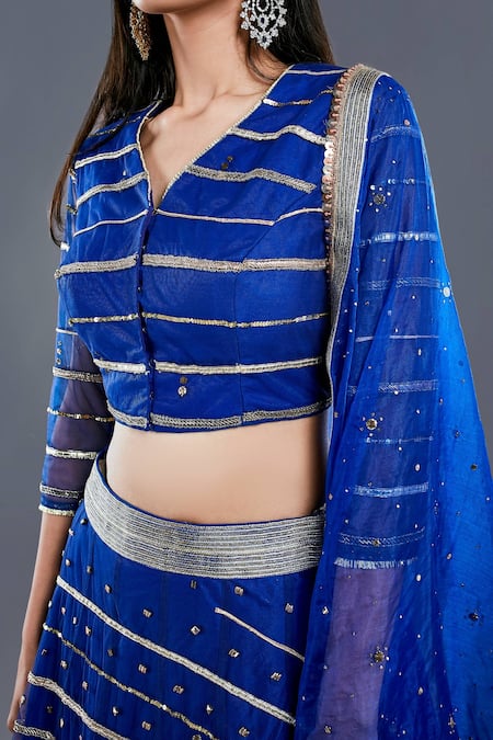 Shop_Divya Kanakia_Blue Organza V Neck Mukaish Embroidered Lehenga Set _Online_at_Aza_Fashions