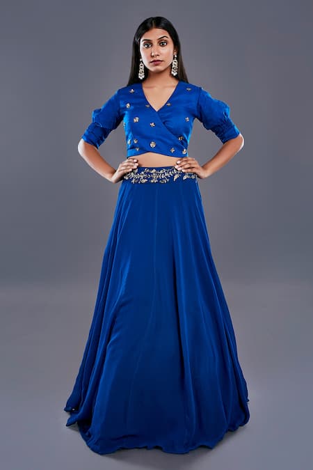 Divya Kanakia Blue Blouse Organza, Lehenga Georgette V Neck Overlap And Set