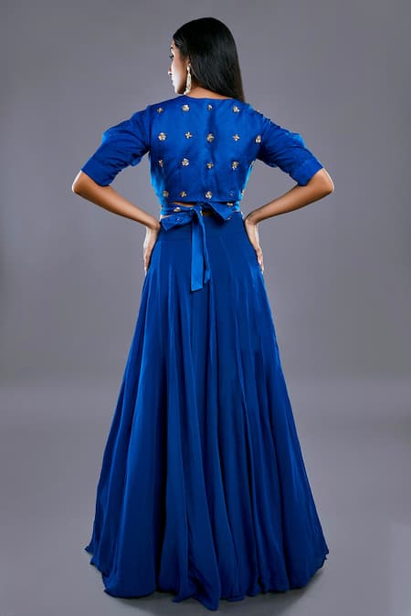 Shop Divya Kanakia Blue Blouse Organza, Lehenga Georgette V Neck Overlap And Set at Aza Fashions Shop_Divya Kanakia_Blue Blouse Organza, Lehenga Georgette V Neck Overlap And Set _at_Aza_Fashions