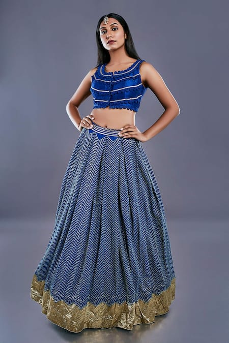 Divya Kanakia Blue Raw Silk U Neck Sequins Embellished Lehenga Set