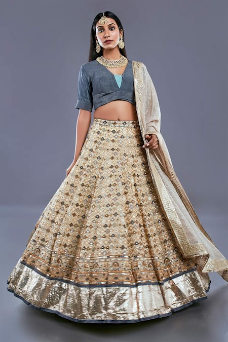 Divya Kanakia Beige V Neck Pleated Blouse And Embroidered Lehenga Set