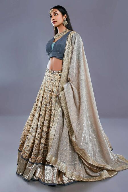 Divya Kanakia_Beige V Neck Pleated Blouse And Embroidered Lehenga Set _Online_at_Aza_Fashions