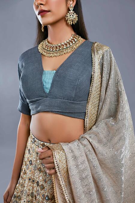 Buy_Divya Kanakia_Beige V Neck Pleated Blouse And Embroidered Lehenga Set _Online_at_Aza_Fashions