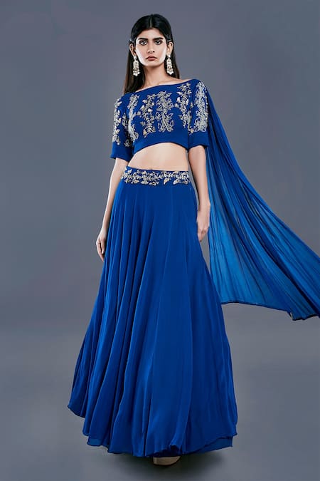 Divya Kanakia Blue Georgette Boat Draped Blouse And Lehenga Set