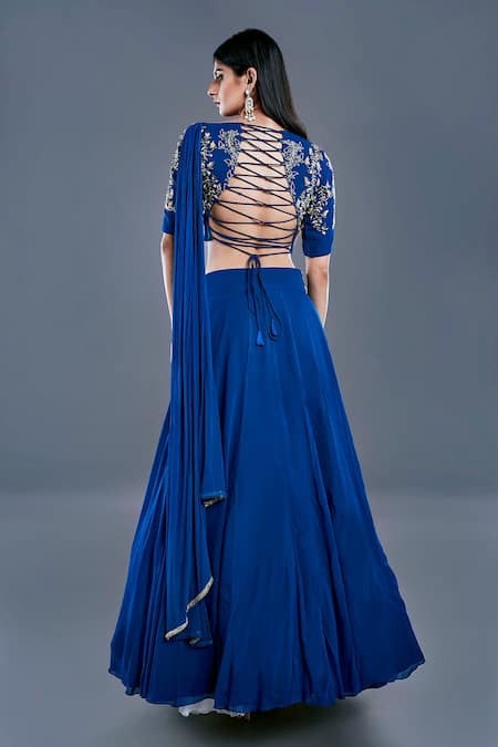 Shop Divya Kanakia Blue Georgette Boat Draped Blouse And Lehenga Set at Aza Fashions Shop_Divya Kanakia_Blue Georgette Boat Draped Blouse And Lehenga Set _at_Aza_Fashions