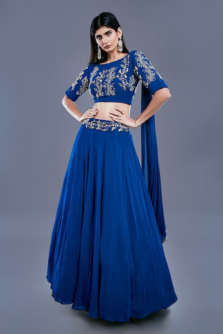 Divya Kanakia Blue Georgette Boat Draped Blouse And Lehenga Set Online at Aza Fashions Divya Kanakia_Blue Georgette Boat Draped Blouse And Lehenga Set _Online_at_Aza_Fashions