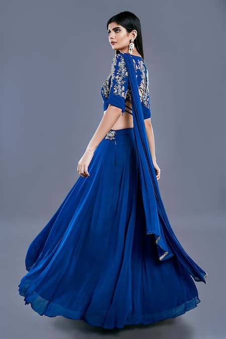 Buy Divya Kanakia Blue Georgette Boat Draped Blouse And Lehenga Set Online at Aza Fashions Buy_Divya Kanakia_Blue Georgette Boat Draped Blouse And Lehenga Set _Online_at_Aza_Fashions