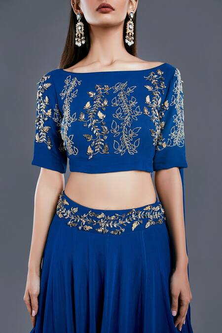 Shop Divya Kanakia Blue Georgette Boat Draped Blouse And Lehenga Set Online at Aza Fashions Shop_Divya Kanakia_Blue Georgette Boat Draped Blouse And Lehenga Set _Online_at_Aza_Fashions