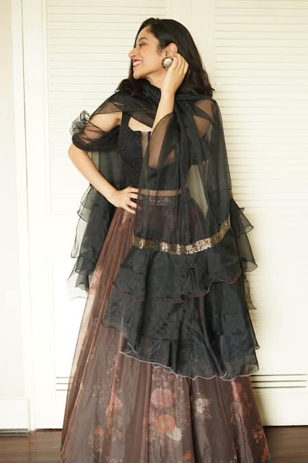 Buy Divya Kanakia Brown Organza, Net Scoop Neck Floral Print Lehenga Set Online at Aza Fashions Buy_Divya Kanakia_Brown Organza, Net Scoop Neck Floral Print Lehenga Set _Online_at_Aza_Fashions